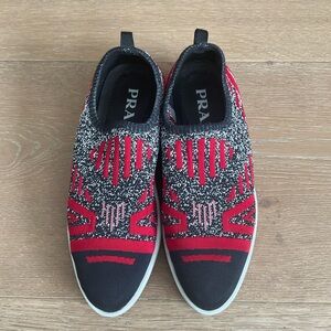 Prada Red & Black Knit Slip-On Sneakers